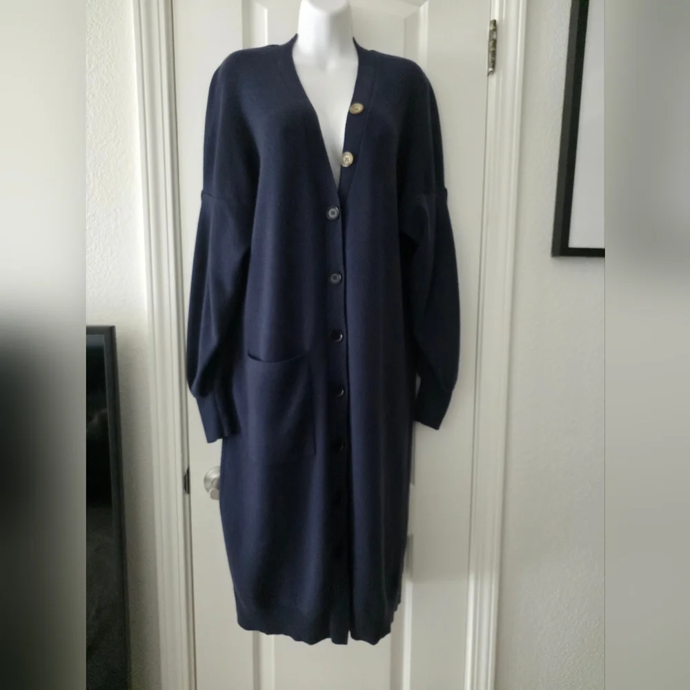 TIBI Wool Blend Navy Blue Button Down Long Cardigan Size M. - Picture 3 of 14